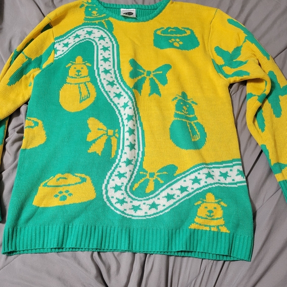 Mens Large Cesar Dog Food Lovers Ugly Christmas Sweater Green Yellow Snowman - Picture 1 of 5